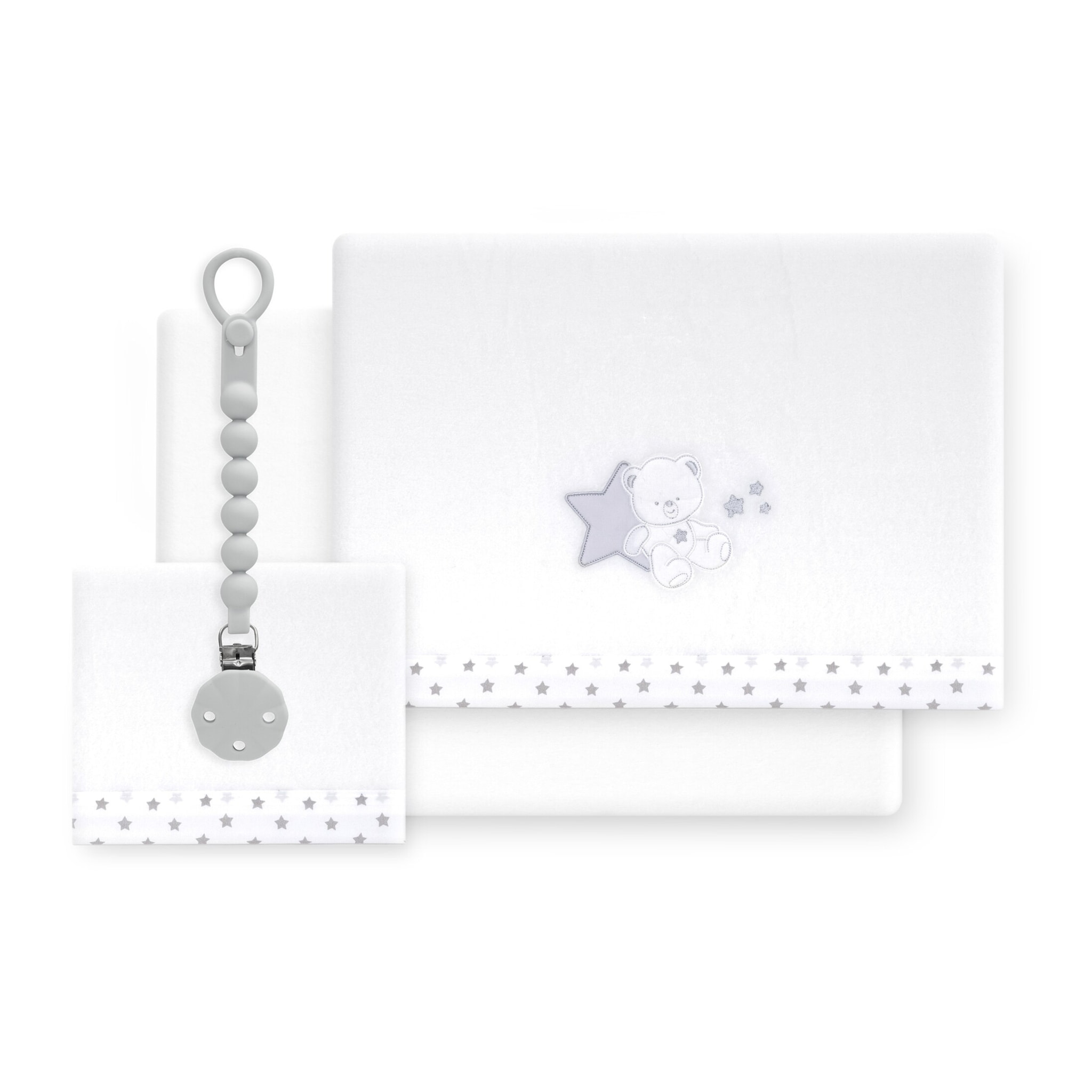 Triptico Cuna Coralina Modelo Osito Sentado + Broche Bco/Gris