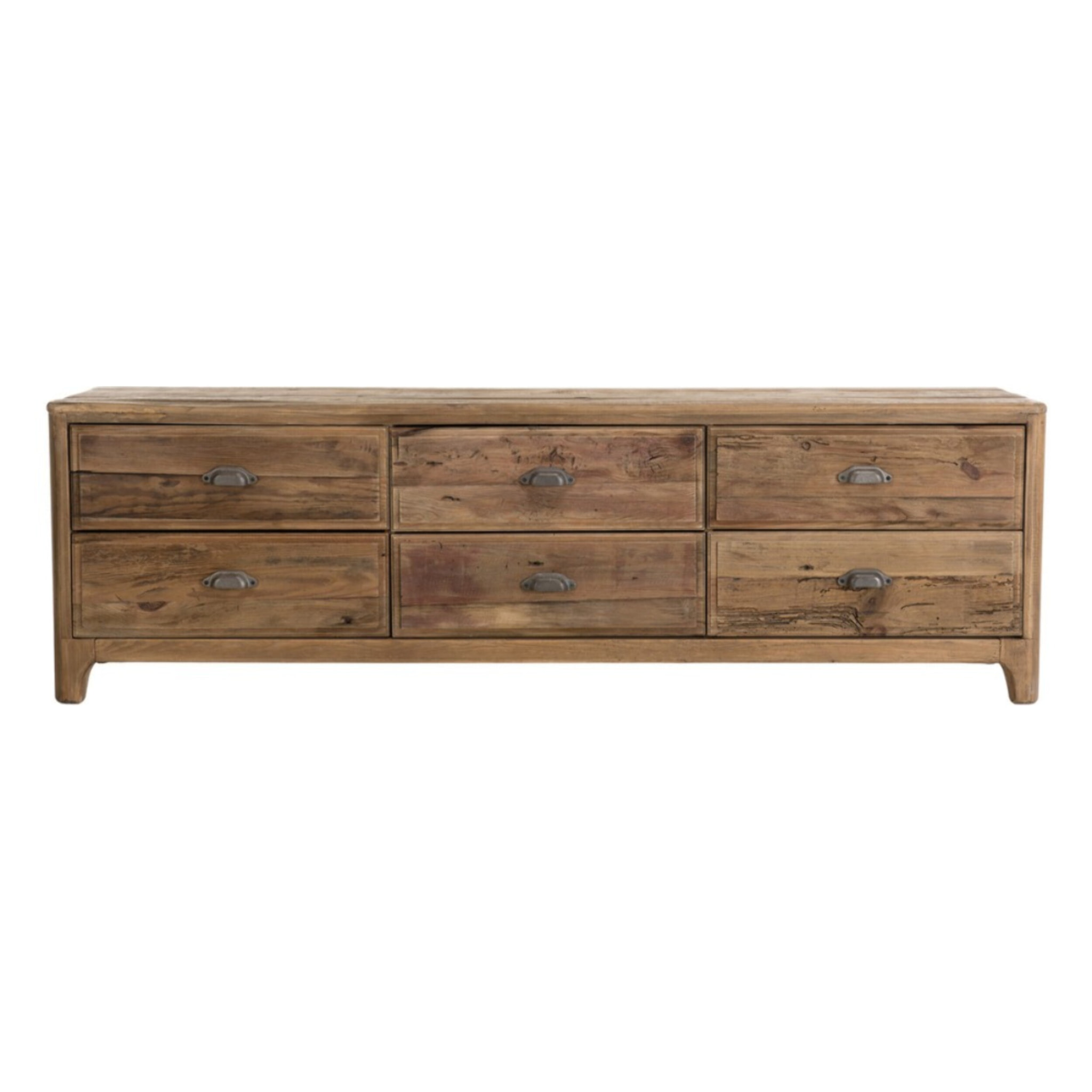 SANDY - Meuble TV marron 6 tiroirs bois Pin recyclé