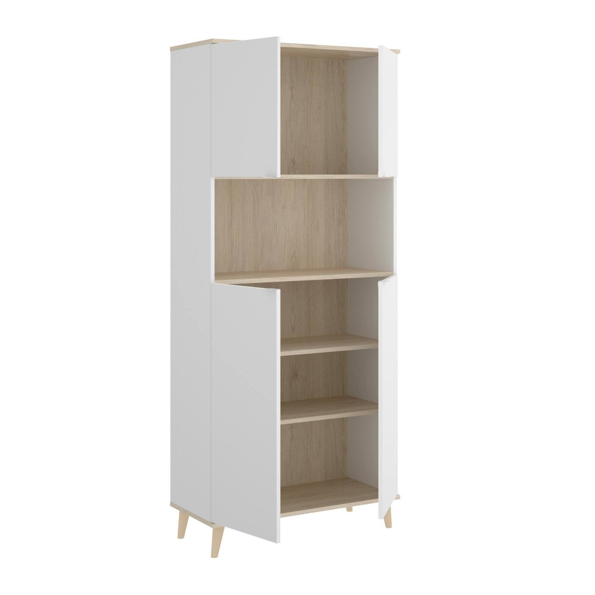 Credenza Spino, Buffet dispensa da soggiorno, Madia da salotto moderna a 4 ante, 80x40h191 cm, Bianco e Rovere