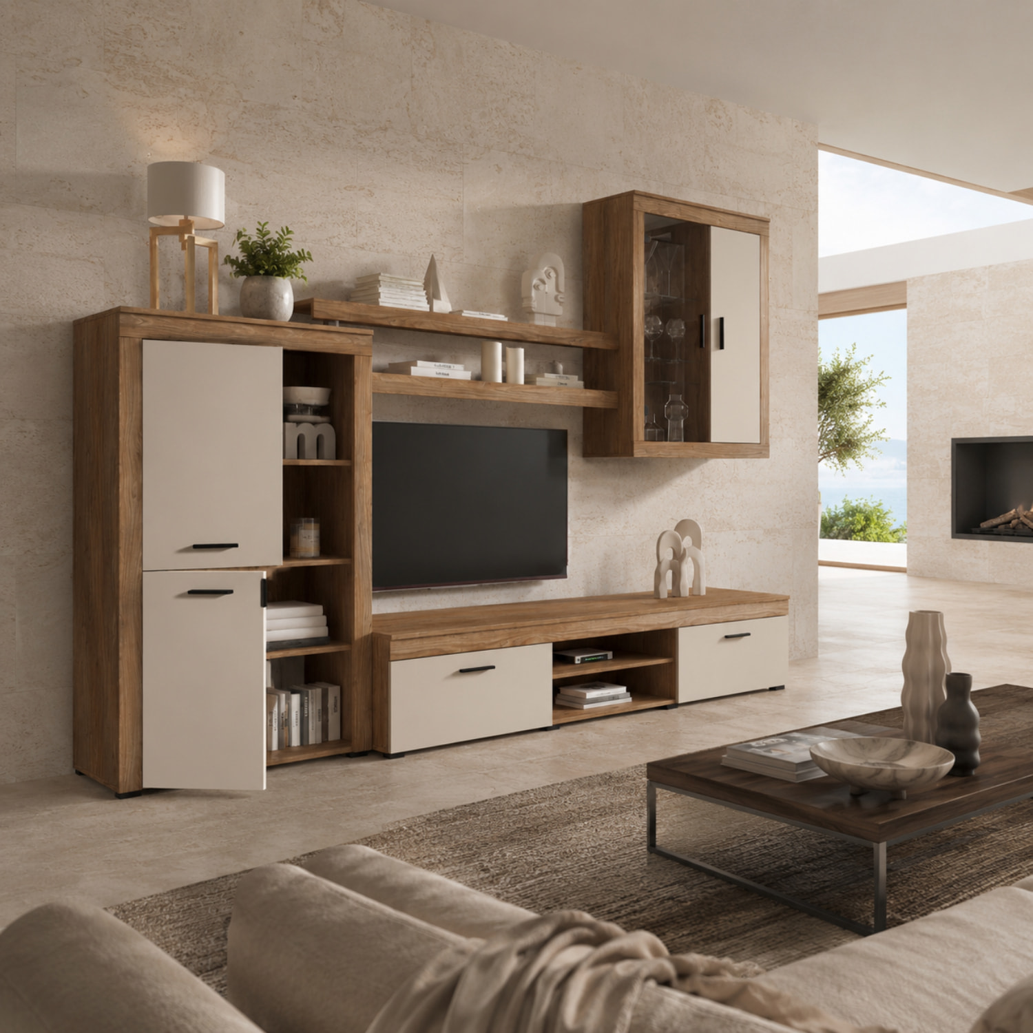 Parete Attrezzata Da Soggiorno Salotto Moderna Con Ante Mensole Vani A Giorno Vetrinetta Mobile TV Design Moderno 293x193x50 Cm Bianco Rovere Scuro