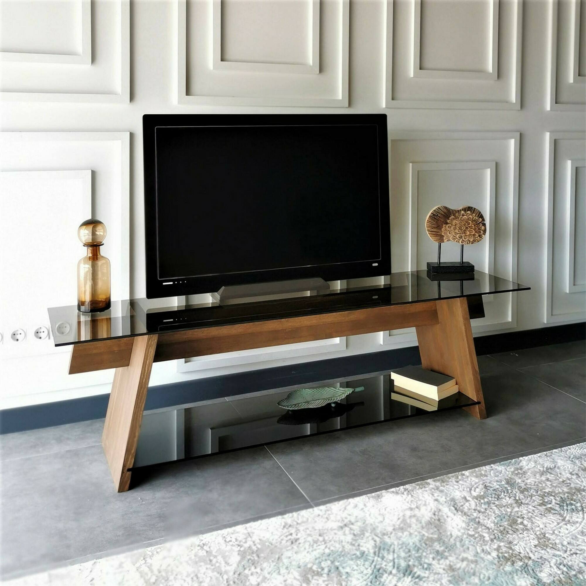 Mobile porta TV Dpotenz, Credenza da soggiorno, Armadio basso per TV, Base parete attrezzata, 158x40h45 cm, Noce e Nero