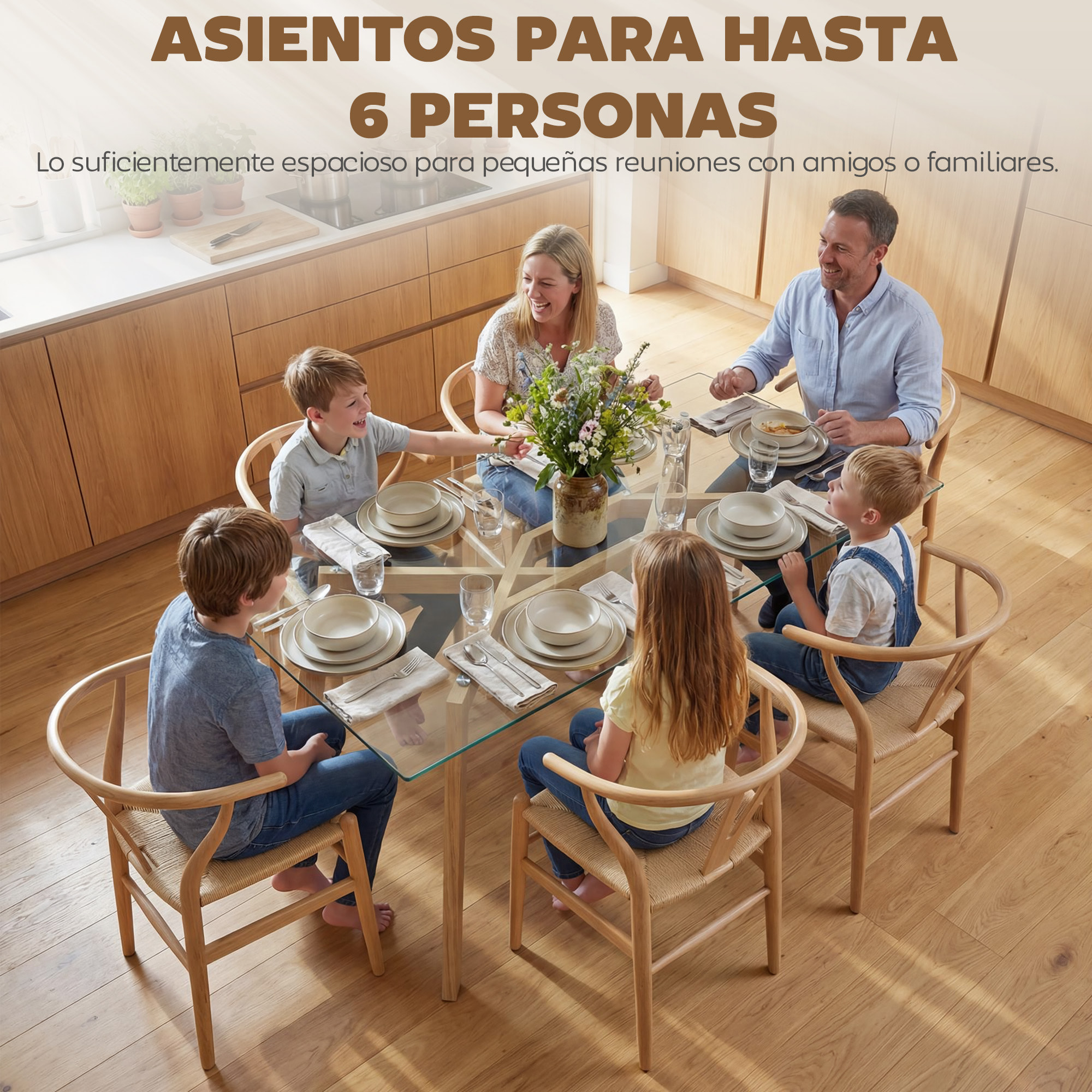 Mesa de Comedor Rectangular, Mesa de Cocina Moderna para 6 Personas con Patas de Acero y Superficie de Vidrio Templado, 150x75x76 cm, Transparente y Madera Natural