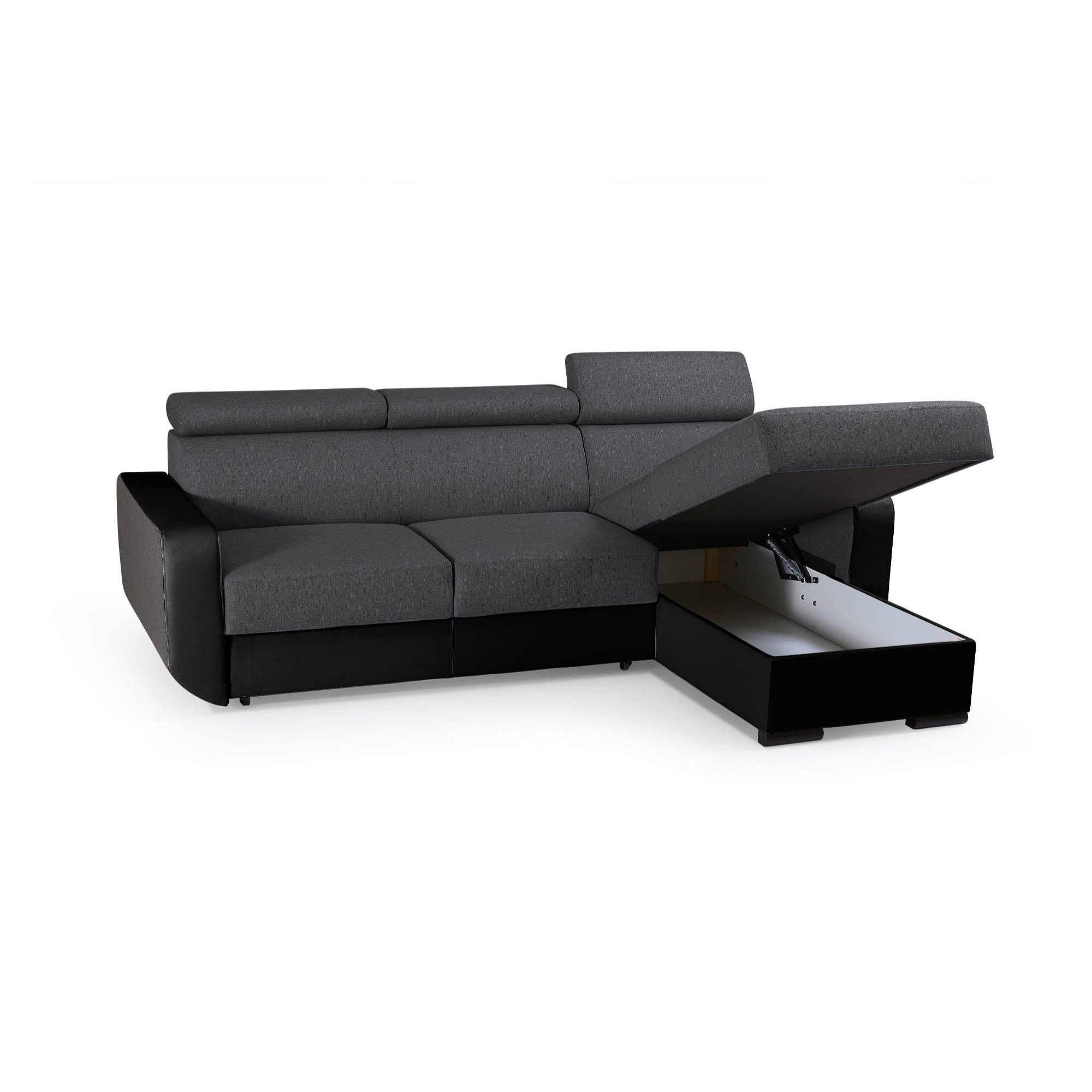 Dustin - Canapé d'angle réversible - 4 places - Convertible avec coffre - Têtières réglables - Noir / Gris