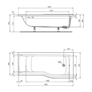 Ideal Standard baignoire pour bain douche170x80 asymétrique Connect Air droite blanc