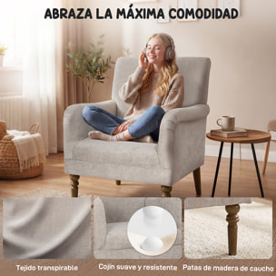 Sillón Relax, Sofá Individual, Tapizado en Lino, Reposabrazos Estilizados, Patas de Madera Maciza, Acolchado Grueso para Salón, Dormitorio y Oficina, Gris