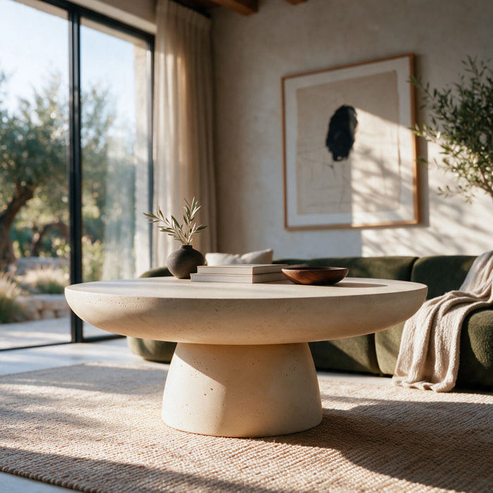 Table basse ronde beige en fibre d'argile effet béton D90 cm - Paros