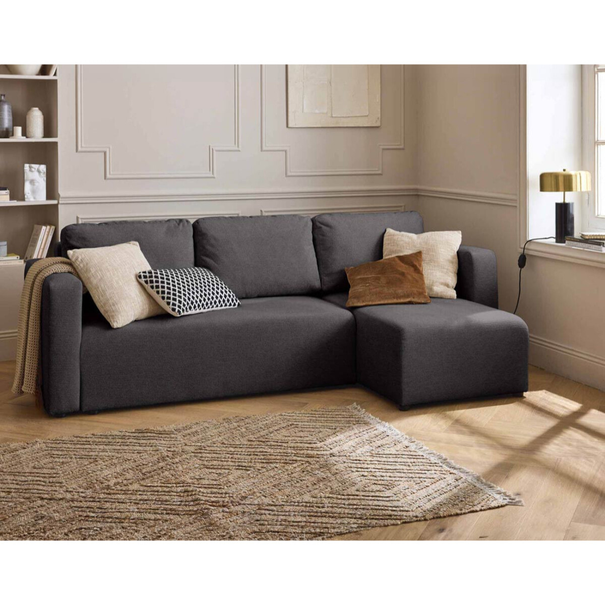 Canopy - canapé d'angle réversible - 4 places - convertible avec coffre - en tissu texturé - Gris foncé