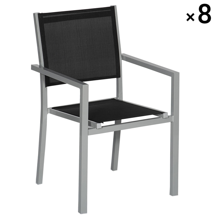 Lot de 8 chaises en aluminium gris - textilène noir
