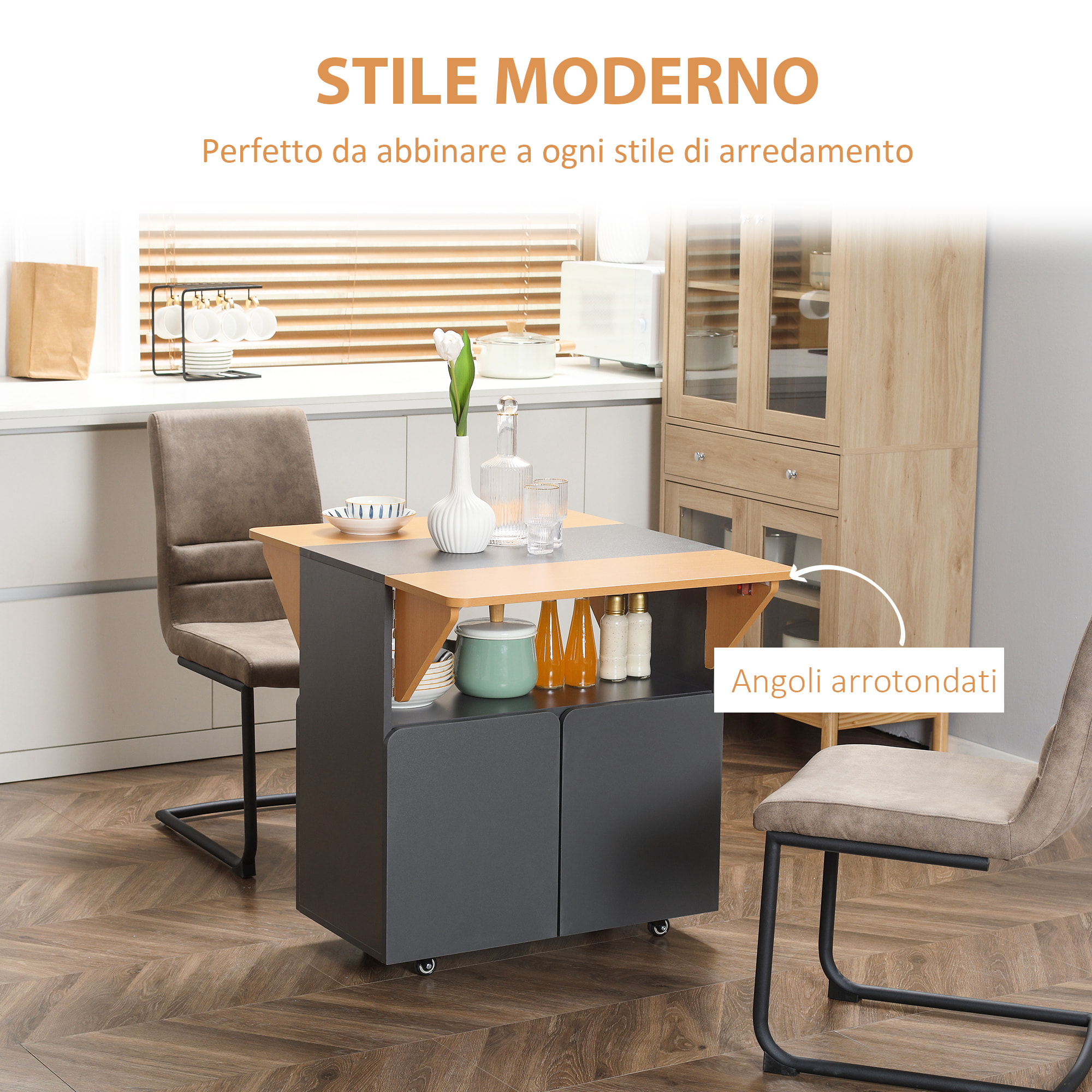 HOMCOM Tavolo Pieghevole Salvaspazio per 4 Persone max con 4 Ruote, Ripiano Nascosto e Armadietto con Ante, 70x83x75 cm