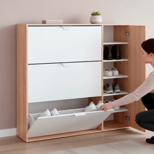 Multiuso 3 Ribalte Con Anta Laterale A 5 Ripiani Regolabili Salvaspazio Per Ingresso Fino A 30 Paia Di Scarpe 112 x 105 x 24 Cm Rovere E Bianco