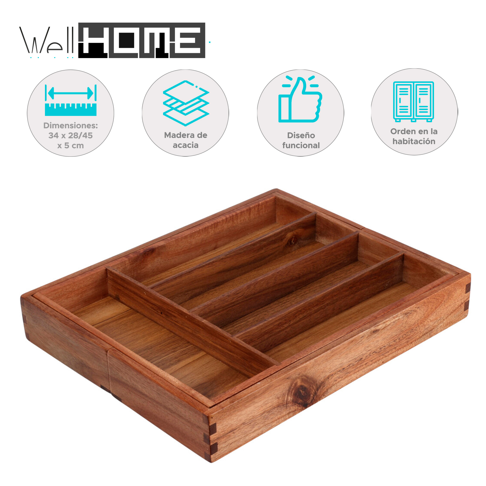 Bandeja para cubiertos de madera de acacia extensible organizador elegante y funcional