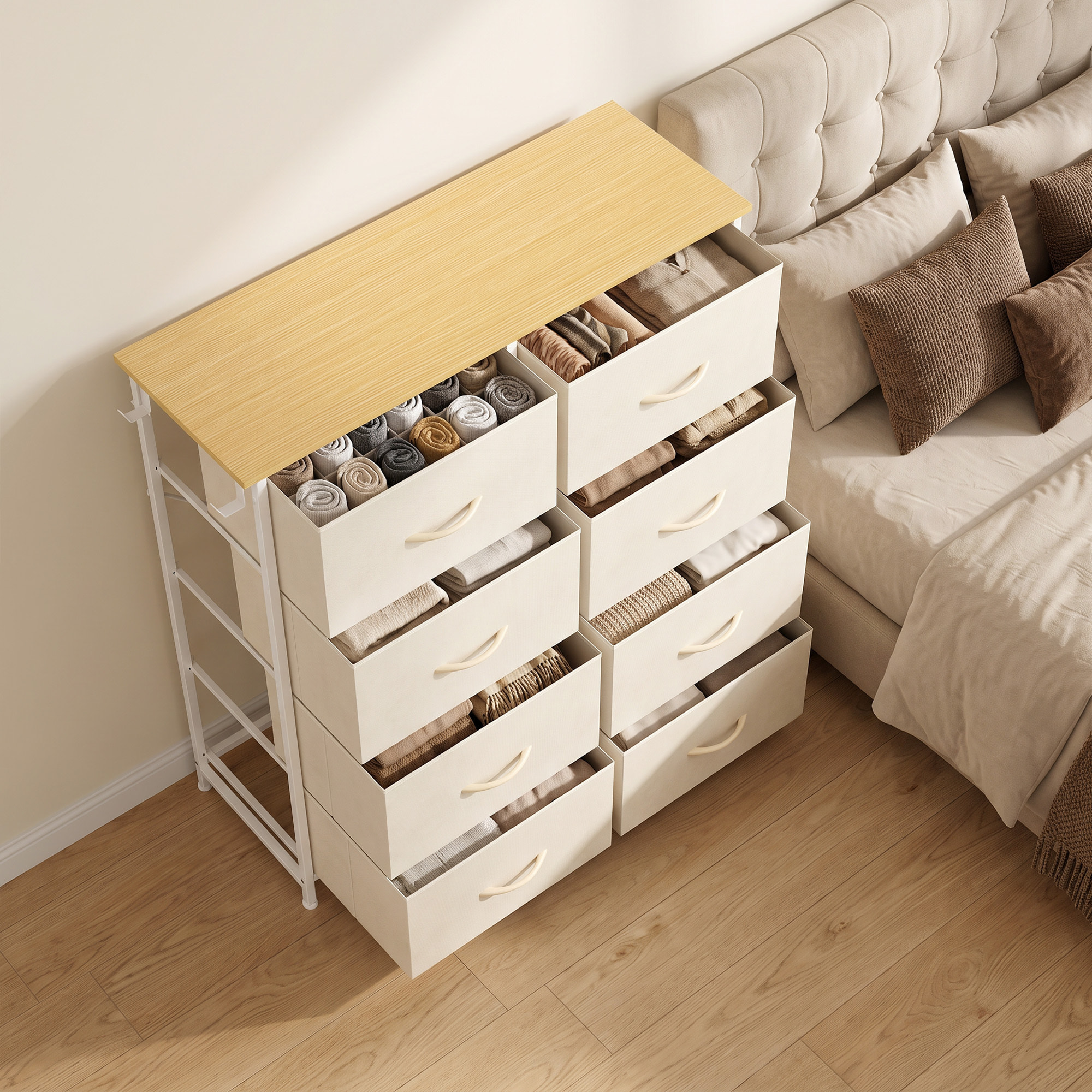 Cajonera de Tela Alta Cómoda con 8 Cajones 4 Bolsillos Laterales 2 Ganchos y Estructura de Acero Cómoda para Dormitorio Sala de Estar Pasillo Beige