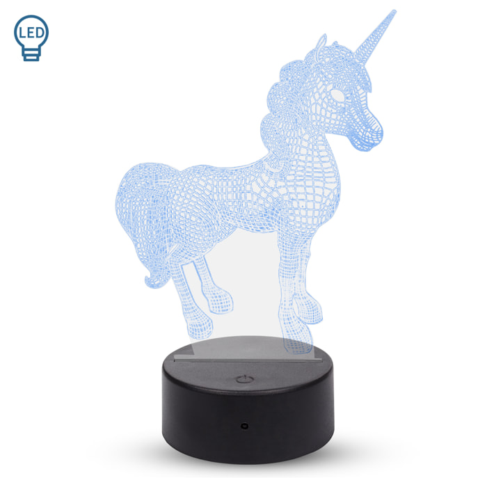 Lámpara ambiental efecto 3D, diseño Unicornio. Luces RGB intercambiables, con efectos y mando a distancia.