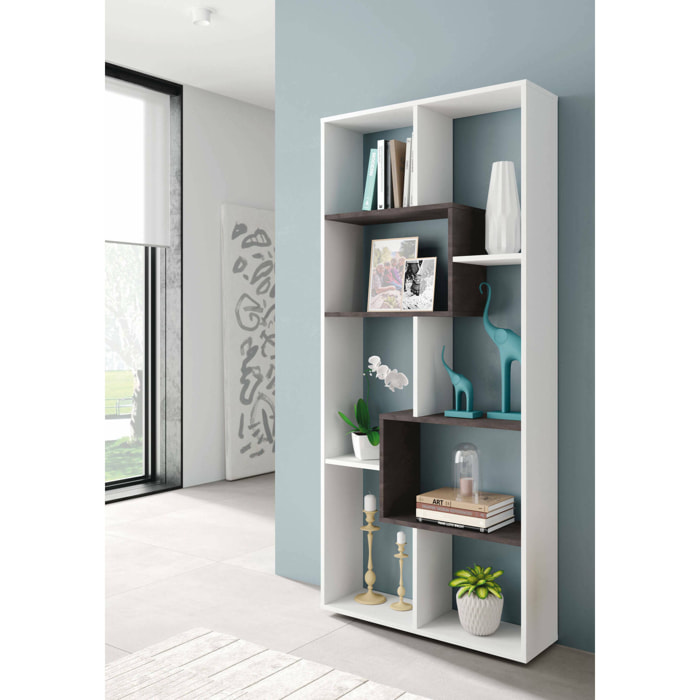 Libreria Arconnor, Mobile portalibri multiposizione con 8 scomparti, Scaffale da ufficio, Scaffale divisorio per camera, 80x25h180 cm, Bianco e Ossido