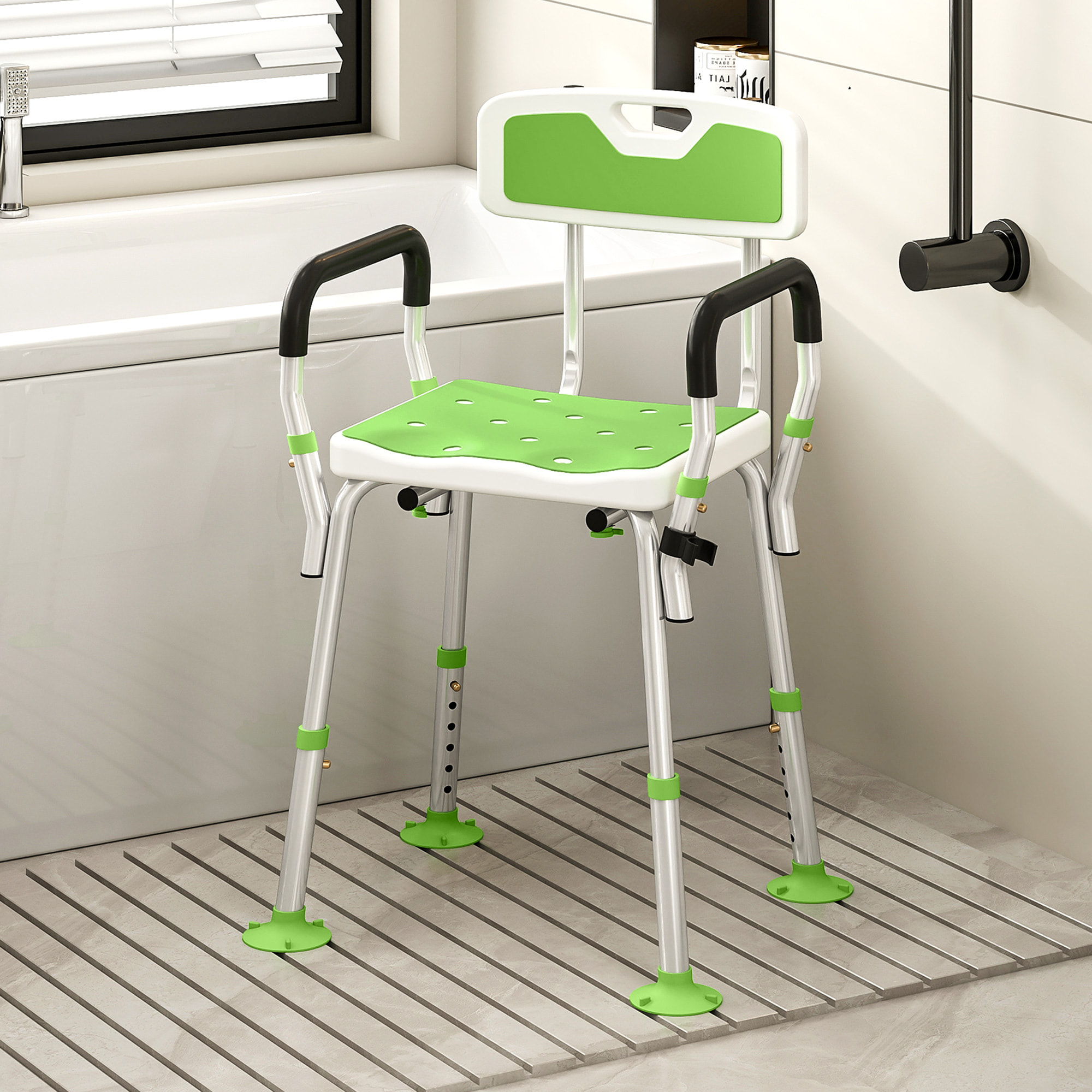 Chaise de douche siège de douche ergonomique hauteur réglable pieds antidérapants charge max. 136 Kg alu HDPE blanc vert
