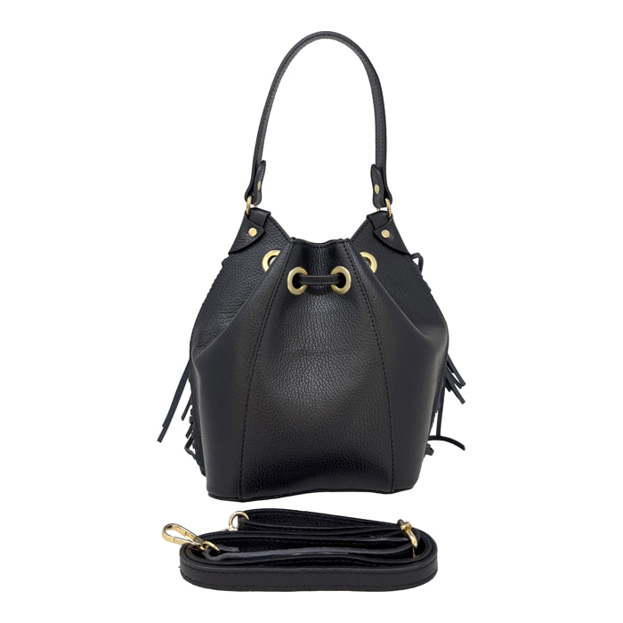 Borsa a Mano Secchiello da Donna in Pelle Dollaro con Frange