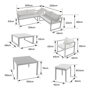 Salon de jardin modulable IBIZA en tissu gris 7 places - aluminium blanc
