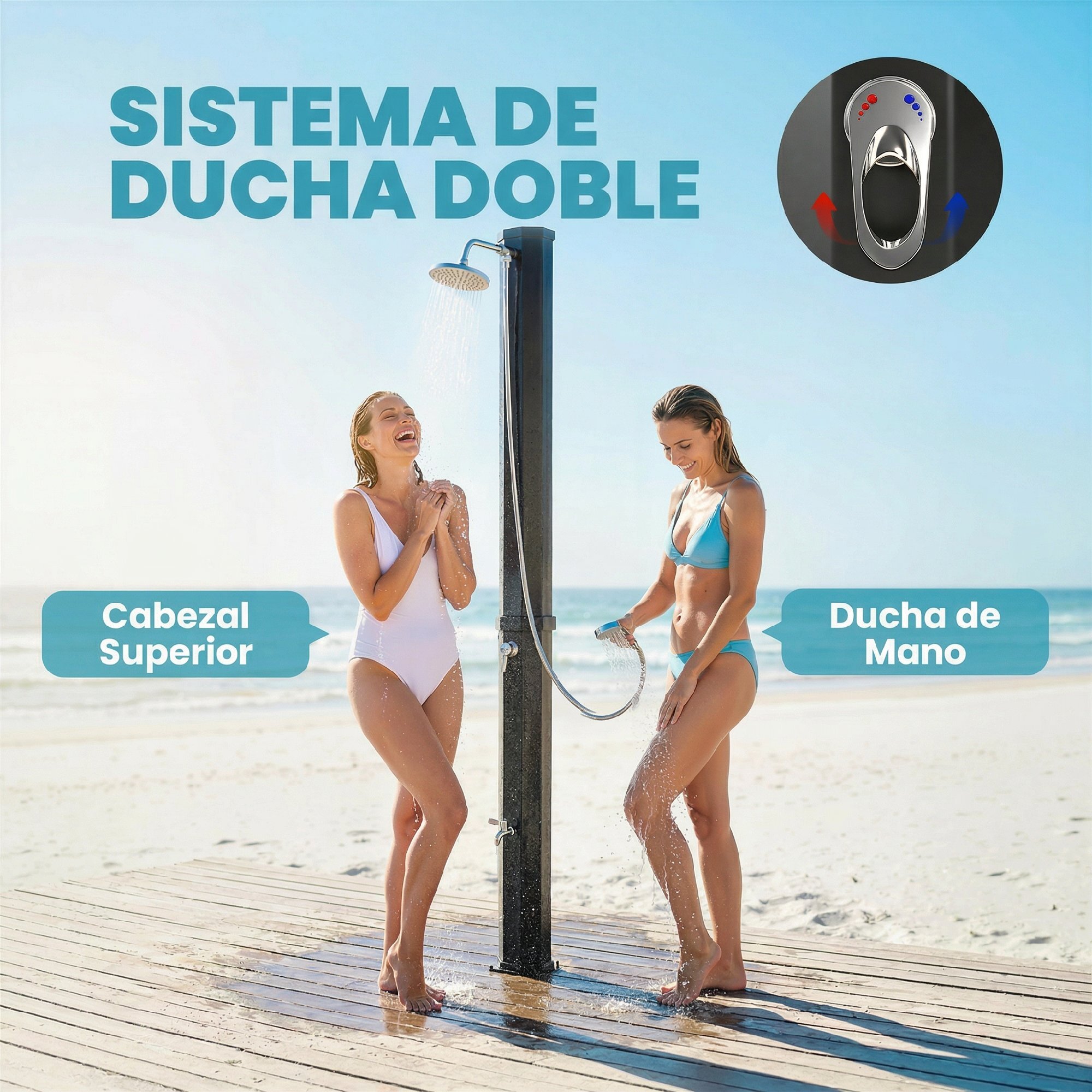 Ducha Solar de Jardín 60 L Ducha Solar Exterior con Cabezal Rociador de Mano Grifo de Pies Agua Fría y Caliente Máx. 60 °C Conexión Manguera para Piscina Camping Patio 21,8x18,2x227 cm Negro