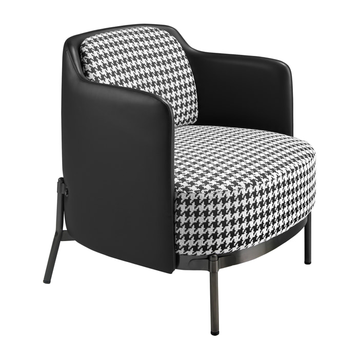 Sillón Angel Cerdá con reposabrazos tapizado en tela en blanca y negra y respaldo tapizado en polipiel negro patas de acero inoxidable pulido oscurecido 68x70x73cm