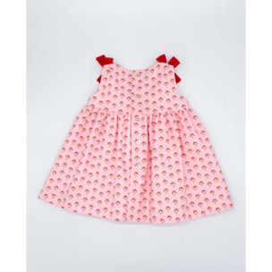 VESTIDO ROSA CON FLORES ROJAS Y LAZOS ROJOS
