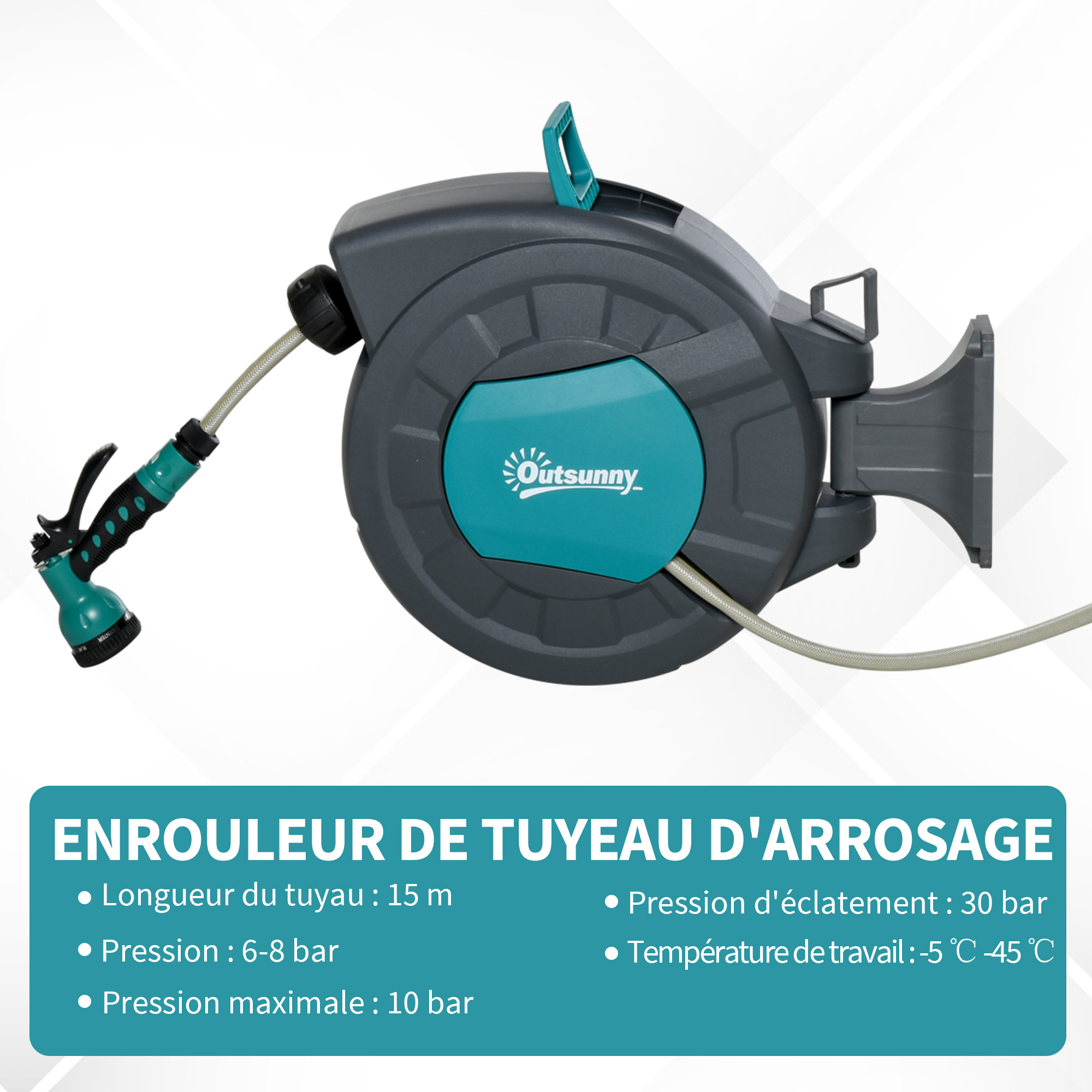 Dévidoir mural enrouleur automatique pivotant 180° tuyau 15 + 1,4 m avec lance arrosage support mural intégré turquoise gris