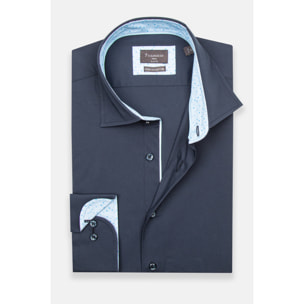 Camicia Uomo 1 Bottone Francese Slim Popeline Stretch Unito Blu