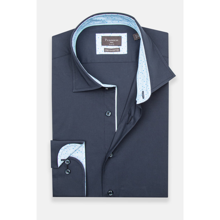 Camicia Uomo 1 Bottone Francese Slim Popeline Stretch Unito Blu