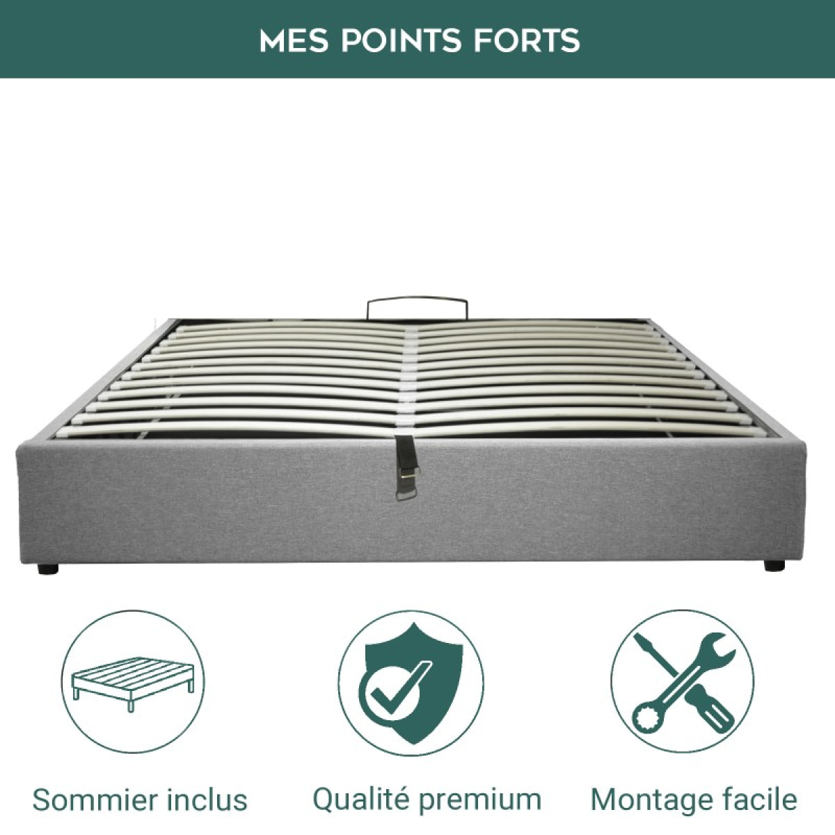 Lit coffre sommier relevable inventif gris | Ouverture à assistance électrique | Modele Futura Tissus | Grande capacite de stockage