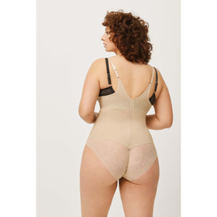 Body a compressione media con pizzo beige