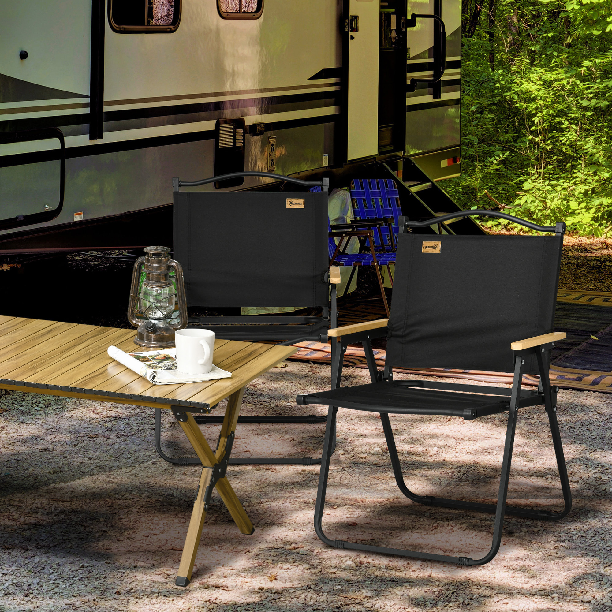 Lot de 2 chaises de plage camping pliantes - poignée - structure acier aspect bois oxford noir