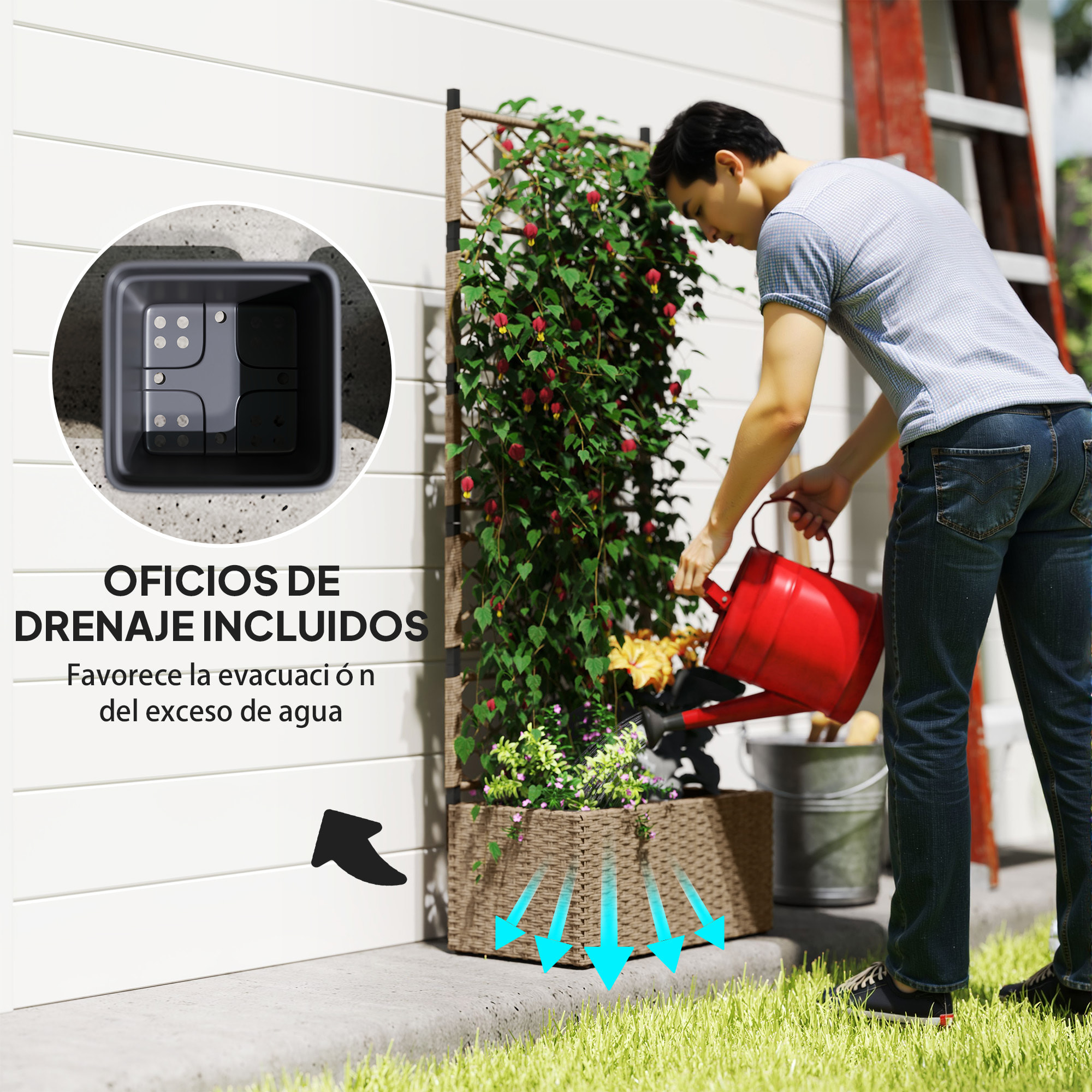 Jardinera con Enrejado de Ratán Jardinera Exterior Grande con Enrejado 2 Macetas Extraíbles para Plantas Trepadoras para Jardín Patio Terraza 57x30x150 cm Natural