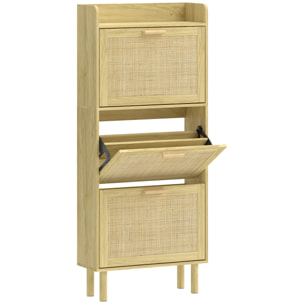 Meuble à chaussures style bohème chic - 3 portes abattantes, étagère - cannage rotin aspect bois clair