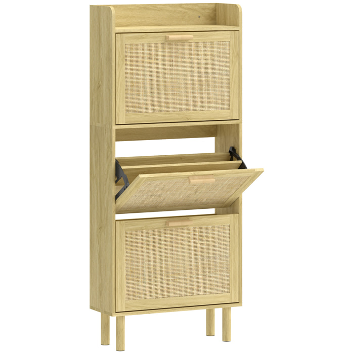 Meuble à chaussures style bohème chic - 3 portes abattantes, étagère - cannage rotin aspect bois clair