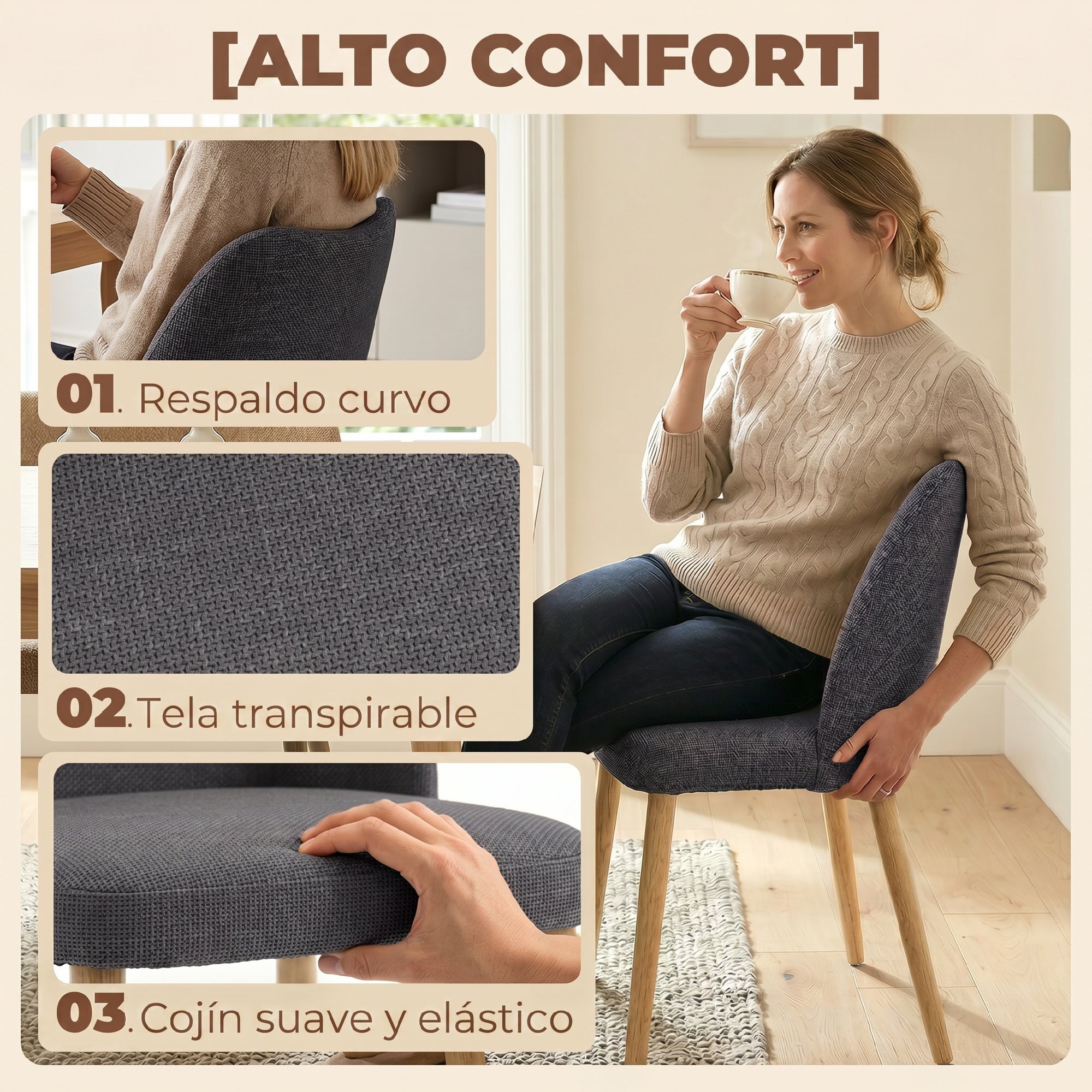 Pack de 2 Sillas de Comedor, Sillas de Cocina Nórdicas, Tapizadas de Lino, Respaldo Curvo, Asiento Acolchado, Patas de Madera, Gris Claro