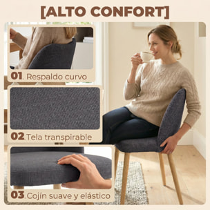 Pack de 2 Sillas de Comedor, Sillas de Cocina Nórdicas, Tapizadas de Lino, Respaldo Curvo, Asiento Acolchado, Patas de Madera, Gris Claro