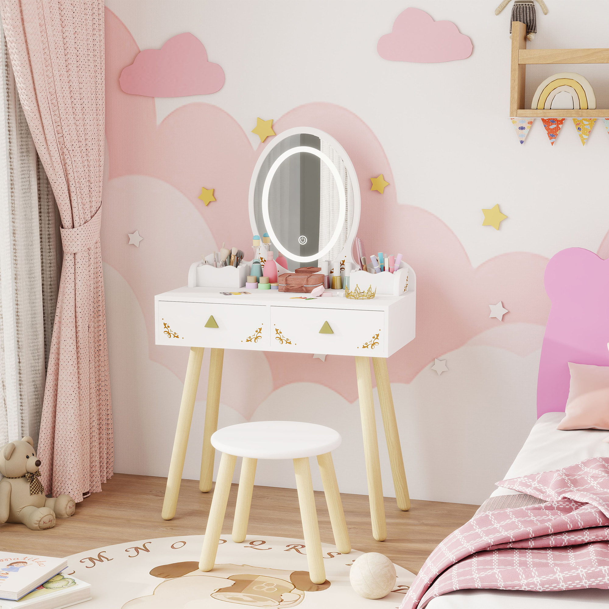 Coiffeuse enfant en bois style scandinave - tabouret assorti, miroir LED 3 couleurs intégré - bois blanc