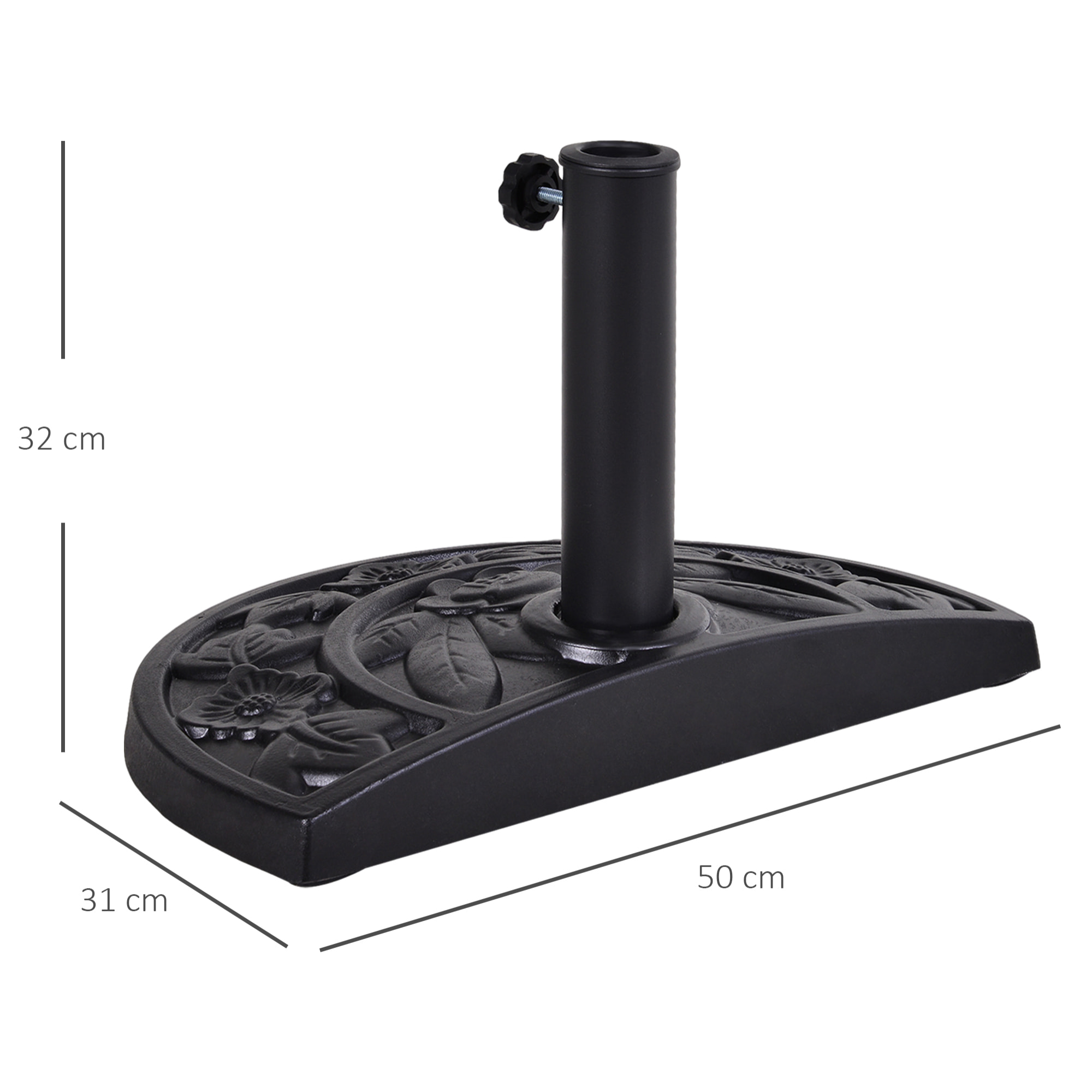Base de Sombrilla Semicírculo Peso 9 kg Soporte para Parasol de Resina para Poste de Paraguas de Ø3,8 cm y Ø4,8 cm para Terraza Patio Jardín Playa 50x31x32 cm Negro