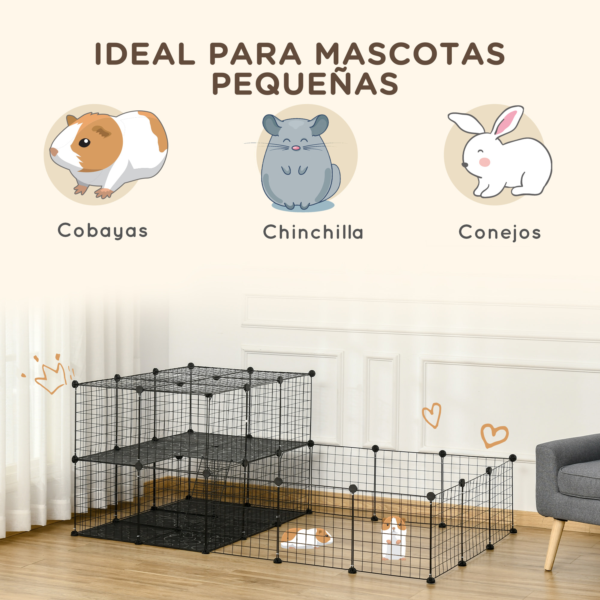 Jaula para Animales Pequeños Parque para Mascotas Forma Personalizable Valla Metálica para Cobayas Conejos Chinchillas 175x105x70 cm Negro