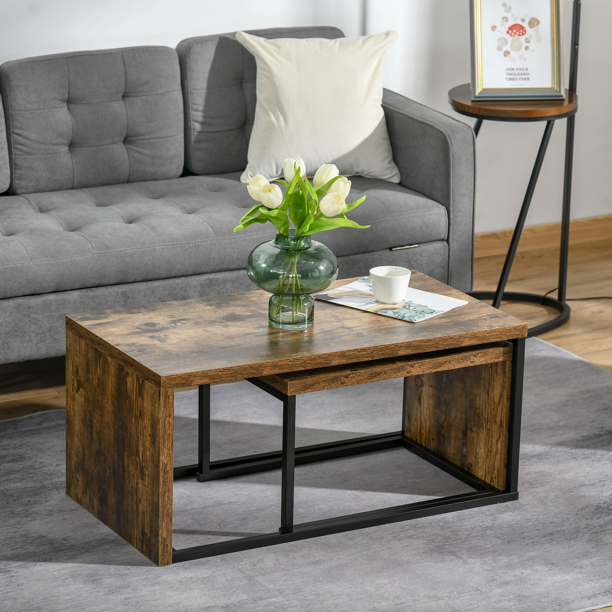 Lot de 2 tables basses gigognes design industriel encastrable dim. grande table 90L x 48l x 42H cm métal noir aspect vieux bois