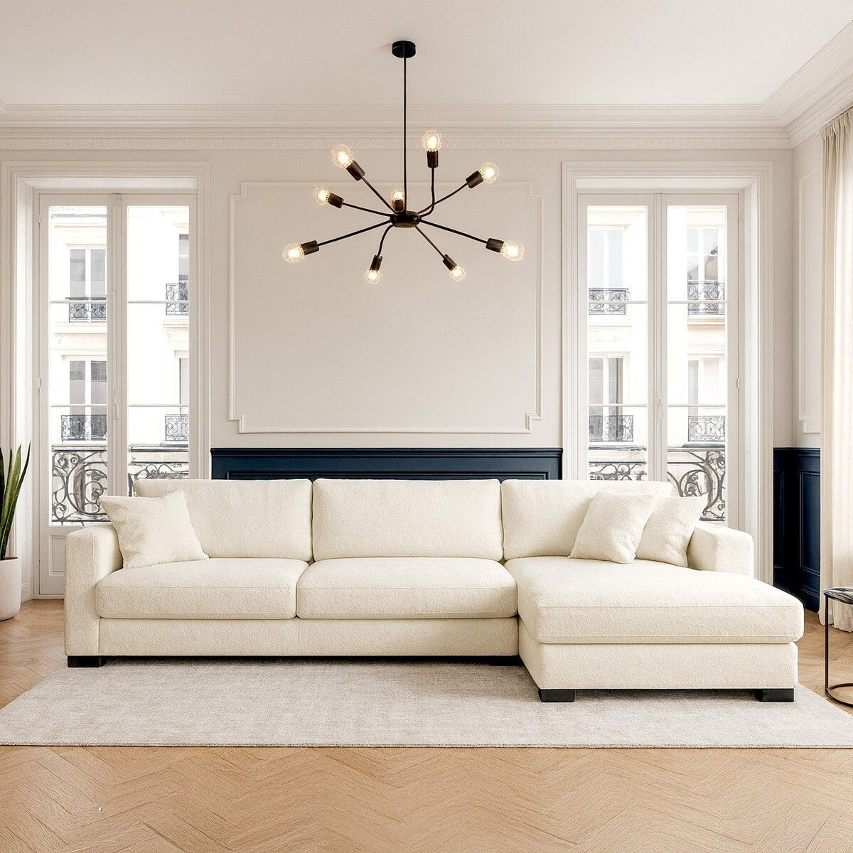 Canapé d'angle à droite convertible 5 places en tissu bouclé - ROBIN