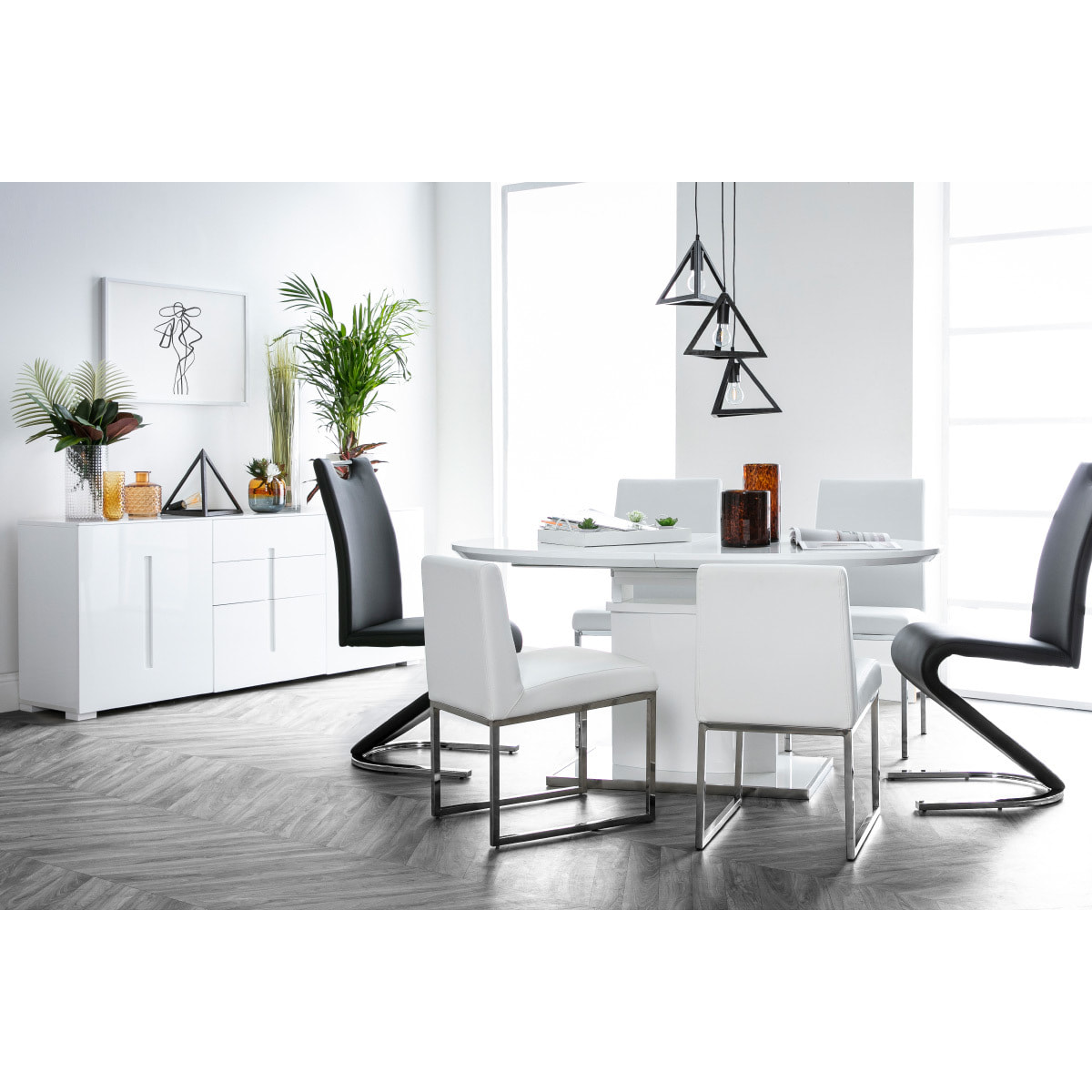 Buffet design blanc laqué brillant 2 portes 3 tiroirs L180 cm TED