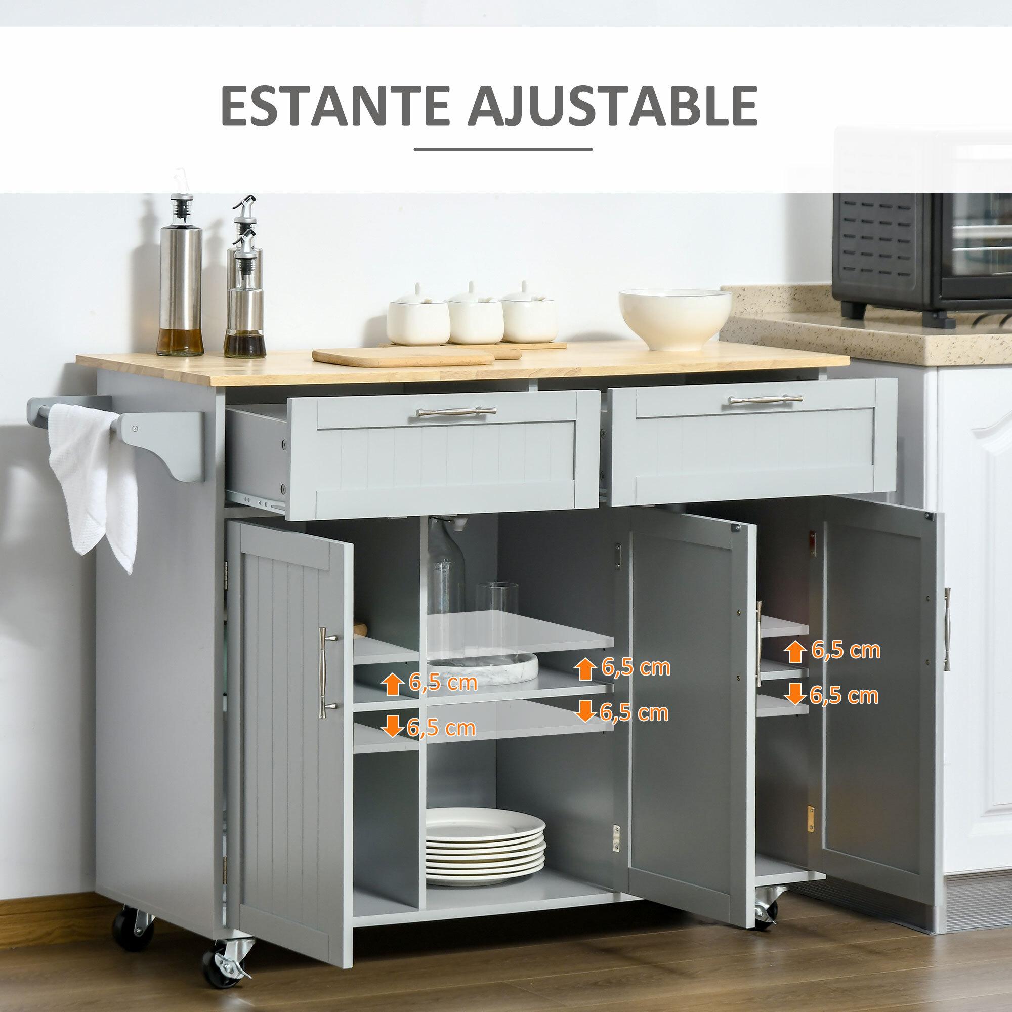 Isla de Cocina Carro de Cocina con Ruedas Carrito de Servicio Multiusos con 2 Cajones 3 Puertas Estantes Ajustables y Barra Colgante para Comedor 121x46x91 cm Gris