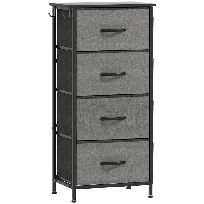 Commode chiffonnier 4 tiroirs en tissu 4 poches 2 crochets gris noir