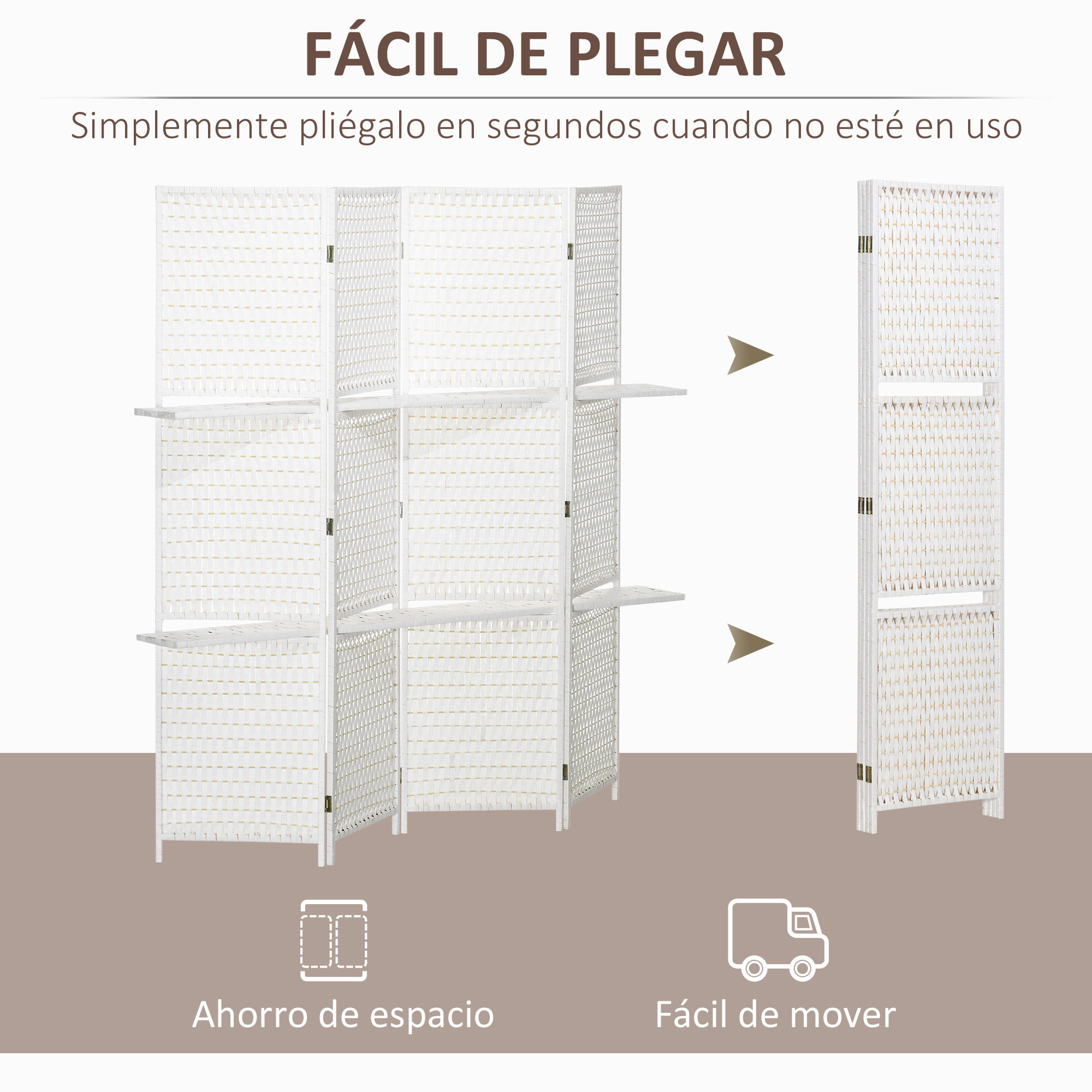 HOMCOM Biombo Divisor de 4 Paneles Plegable Separador de Ambientes 181x180 cm Divisor de Habitación con Estantes Decoración Partición para Dormitorio Salón Cocina Blanco