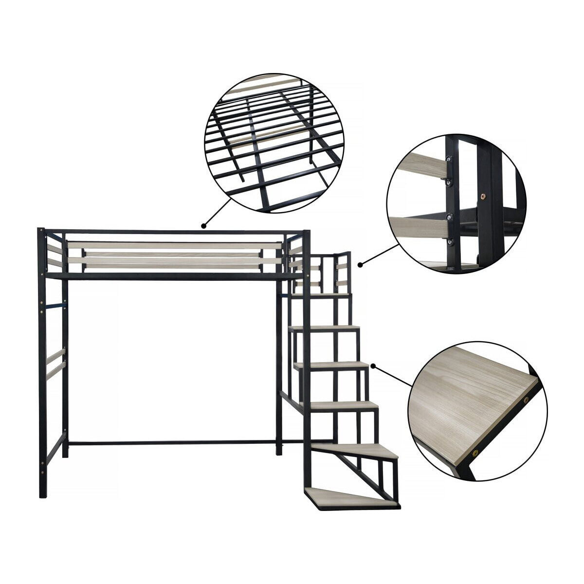 Lit mezzanine en métal avec escalier "LENA" - 140 x 190 cm - Noir