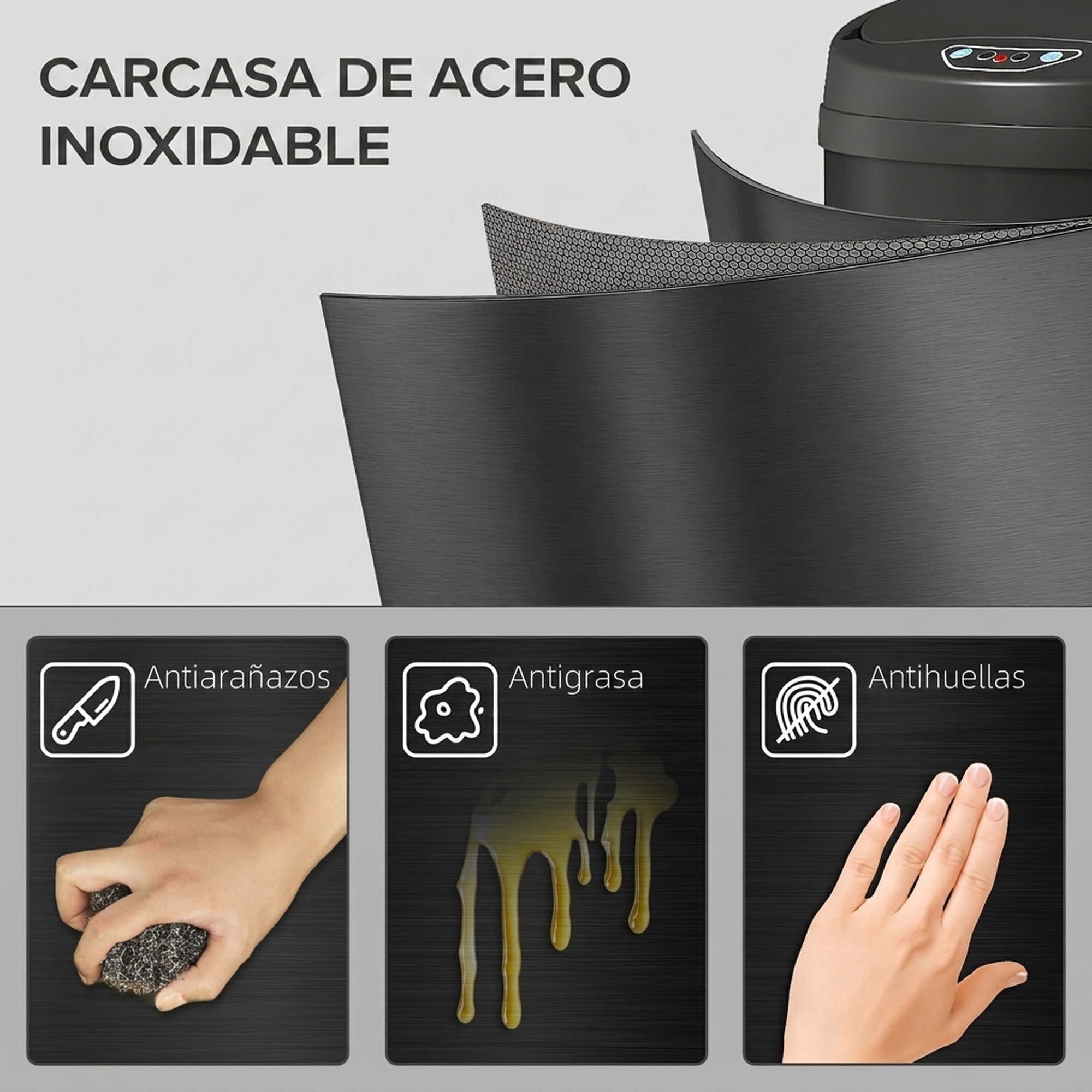 HOMCOM Cubo de Basura Cocina Automático 50 L, Papelera de Cocina de Acero Inoxidable, Sensor Infrarrojo, Cierre Automático, Antihuellas, para Dormitorio, Oficina, Negro