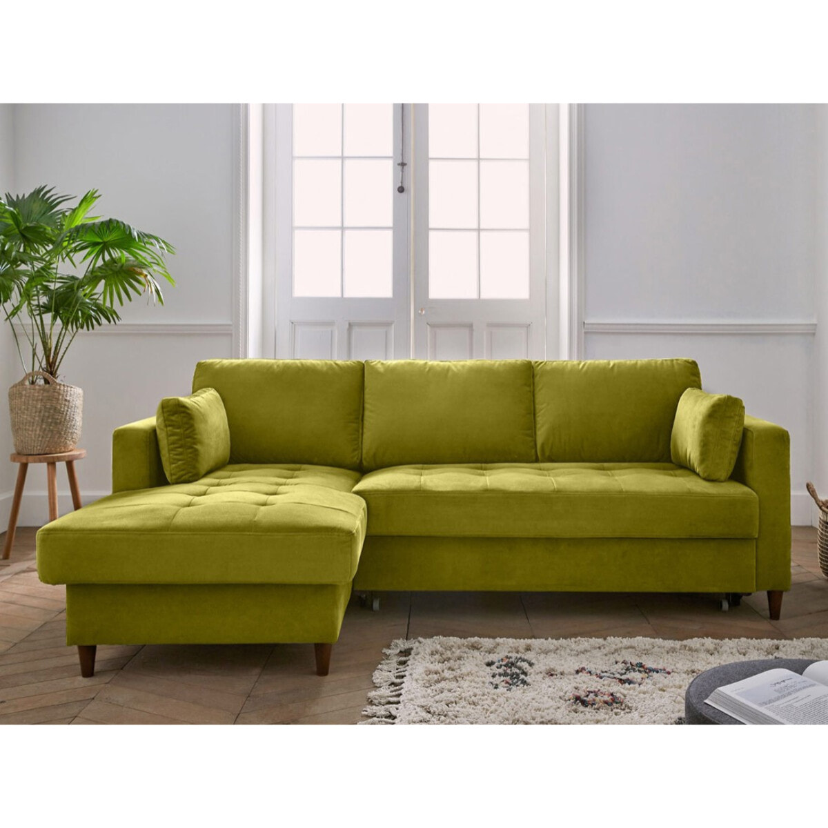 Anna - canapé d'angle gauche - 4 places - convertible avec coffre - en velours - Vert Olive