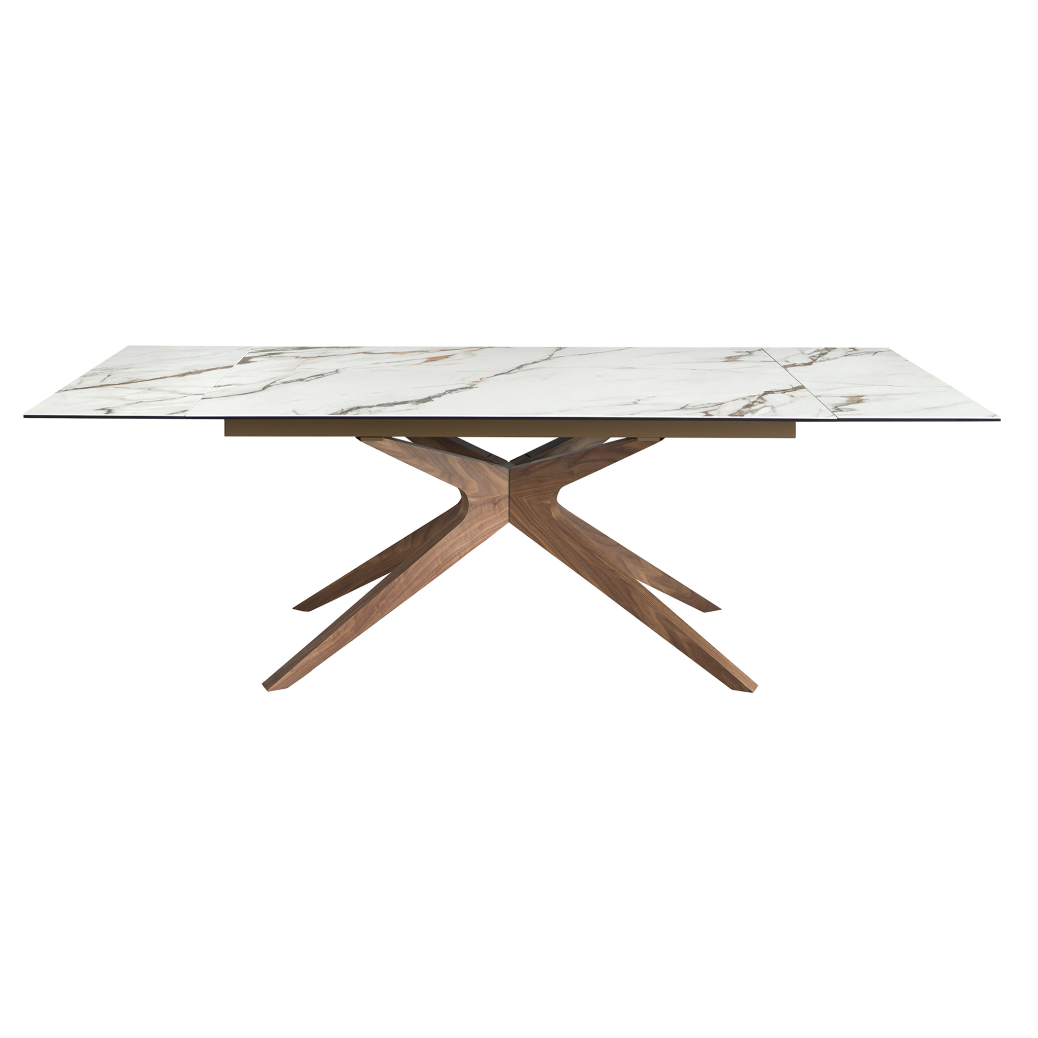 Mesa comedor extensible rectangular con tapa de mármol porcelánico blanco con vetas en tonalidades grises y detalles en óxido en acabado mate 160x100x76cm