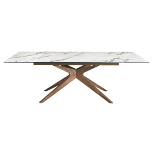 Mesa comedor extensible rectangular con tapa de mármol porcelánico blanco con vetas en tonalidades grises y detalles en óxido en acabado mate 160x100x76cm