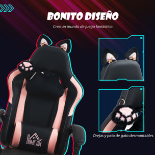 Silla Gaming con Orejas Silla Gamer Reclinable con Altura Ajustable Reposapiés Retráctil Soporte Lumbar y Reposacabezas Desmontable Silla para Oficina Estudio Negro